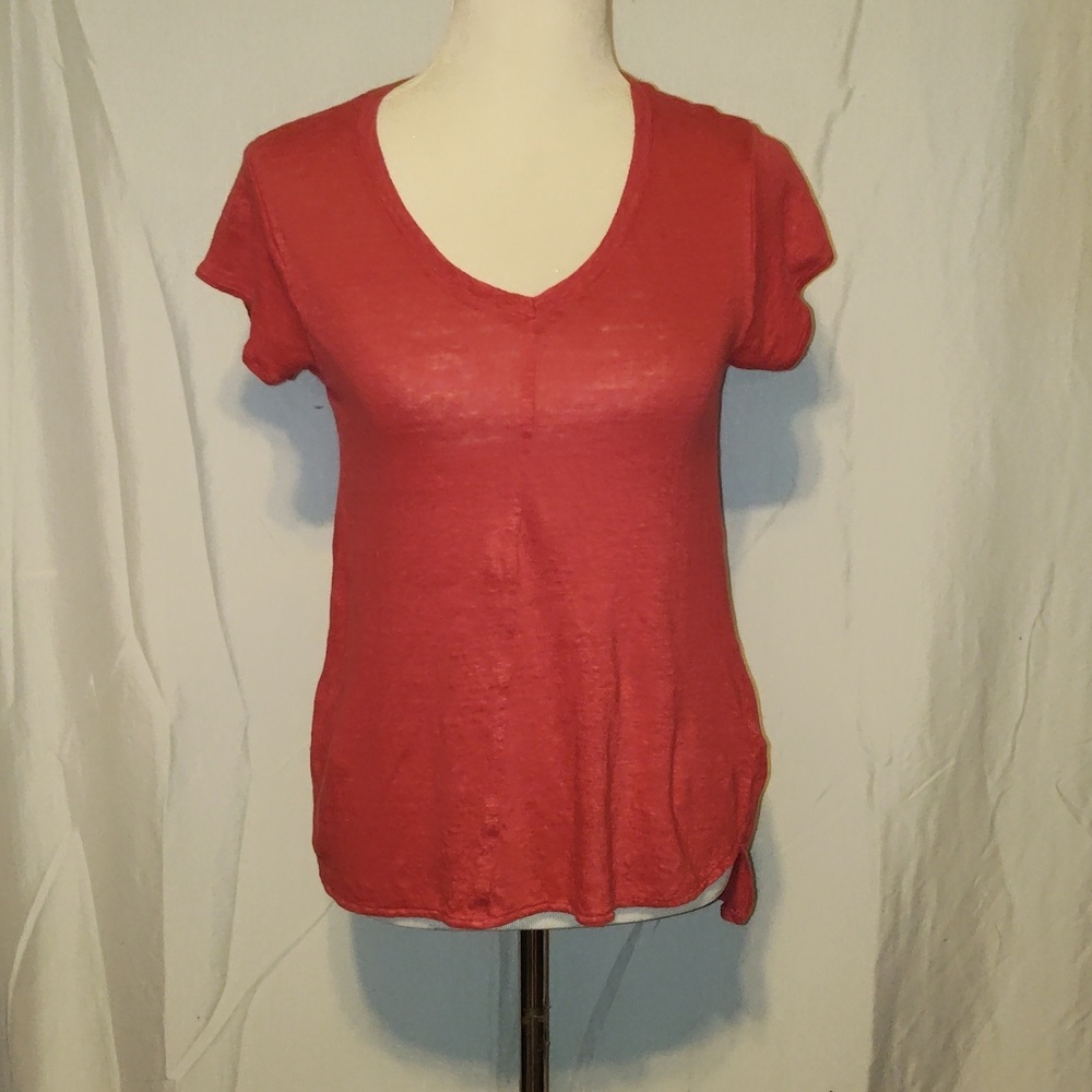 Tahari Red Coral Orangish Size Medium 100% Linen Women's T-shirt
